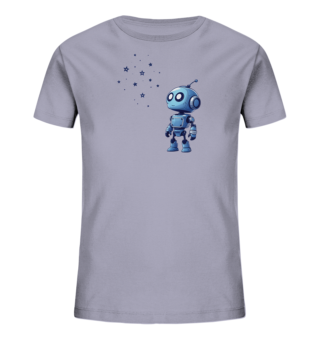 Onlineshop Shirts für Kinder - Das Bild zeigt ein Kinder-T-Shirt in einem sanften Lavendelton. Auf der Vorderseite ist eine Illustration eines kleinen, blauen Cartoon-Roboters zu sehen. Links neben dem Roboter sind mehrere kleine, dunkelblaue Sterne in einem Cluster angeordnet. Das Design wirkt verspielt und fantasievoll, ideal für ein Kinder-Shirt.