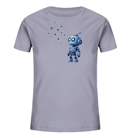 Onlineshop Shirts für Kinder - Das Bild zeigt ein Kinder-T-Shirt in einem sanften Lavendelton. Auf der Vorderseite ist eine Illustration eines kleinen, blauen Cartoon-Roboters zu sehen. Links neben dem Roboter sind mehrere kleine, dunkelblaue Sterne in einem Cluster angeordnet. Das Design wirkt verspielt und fantasievoll, ideal für ein Kinder-Shirt.