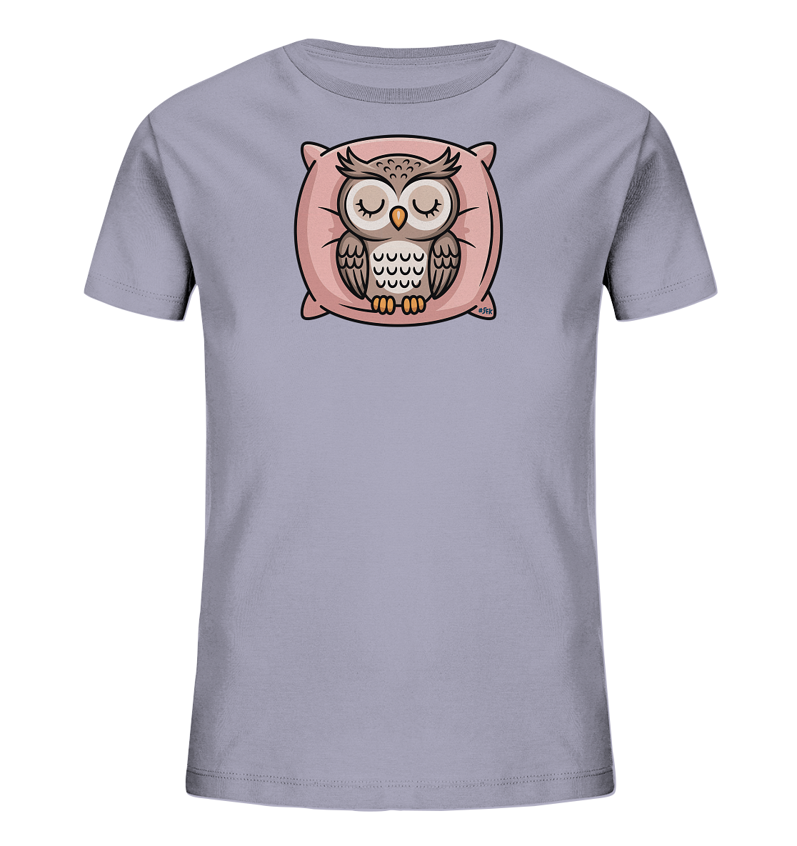 Onlineshop Shirts fuer Kinder - Das Bild zeigt ein hellgraues Kinder-T-Shirt mit einem niedlichen Aufdruck. Darauf ist eine schlafende, cartoonartige Eule zu sehen, die gemuetlich auf einem rosa Kissen liegt. Die Eule hat geschlossene Augen und wirkt sehr friedlich. Dieses Design verleiht dem Shirt eine beruhigende und verspielte Ausstrahlung.