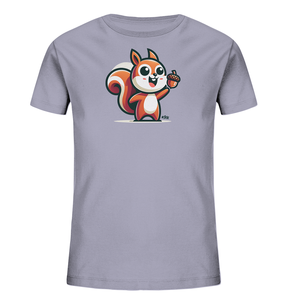 Onlineshop Shirts fuer Kinder - Das Bild zeigt ein hellgraues Kinder-T-Shirt mit einem niedlichen Eichhoernchen-Motiv auf der Vorderseite. Das cartoonartige Eichhoernchen in Orange und Weiss haelt eine Eichel in seiner Pfote und hat einen froehlichen Ausdruck. Die Grafik ist mittig auf dem Shirt platziert. Das Design wirkt verspielt und ansprechend fuer Kinder.