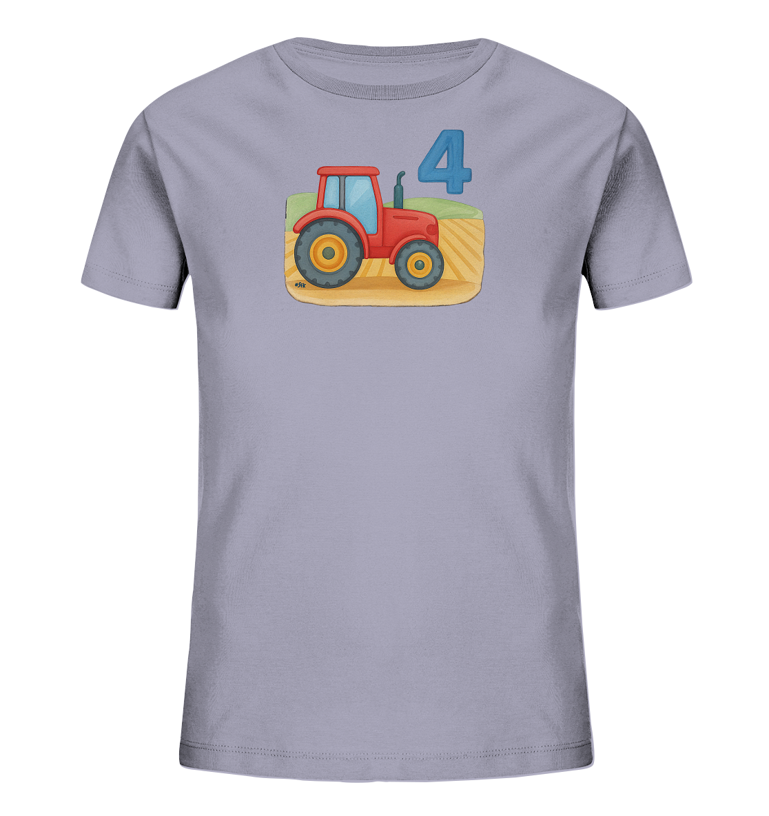 Onlineshop Shirts fuer Kinder - Das Bild zeigt ein hellgraues Kinder-T-Shirt mit einer bunten Illustration auf der Vorderseite. Die Grafik stellt einen roten Traktor auf einem Feld mit gruenen Huegeln im Hintergrund dar. Über dem Traktor ist die grosse, blaue Zahl Vier platziert. Dieses Motiv verleiht dem Shirt einen verspielten, laendlichen Look.