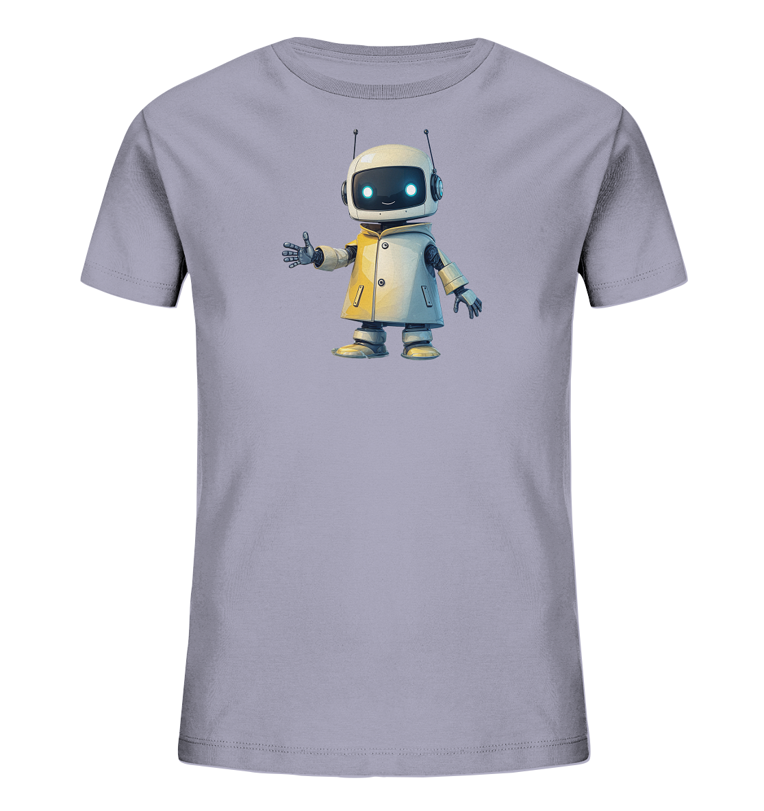 Onlineshop Shirts für Kinder - Das Bild zeigt ein hellviolettes T-Shirt für Kinder. Auf der Vorderseite ist eine detailreiche Illustration eines kleinen, freundlich aussehenden Roboters zu sehen. Der Roboter trägt einen hellen Mantel, hat leuchtend blaue Augen und Antennen auf dem Kopf. Er steht und macht eine Geste mit der Hand, was dem Shirt einen modernen und verspielten Charakter verleiht.