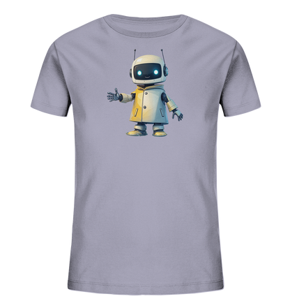 Onlineshop Shirts für Kinder - Das Bild zeigt ein hellviolettes T-Shirt für Kinder. Auf der Vorderseite ist eine detailreiche Illustration eines kleinen, freundlich aussehenden Roboters zu sehen. Der Roboter trägt einen hellen Mantel, hat leuchtend blaue Augen und Antennen auf dem Kopf. Er steht und macht eine Geste mit der Hand, was dem Shirt einen modernen und verspielten Charakter verleiht.
