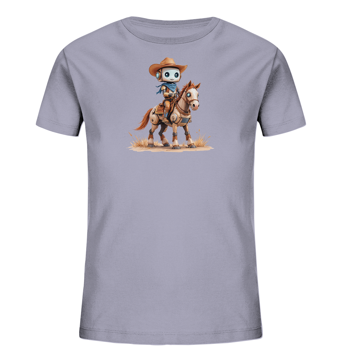 Onlineshop Shirts für Kinder - Dieses Bild zeigt ein kurzärmeliges Kinder-T-Shirt in einem hellen, leicht lilafarbenen Farbton. Auf der Vorderseite ist eine detaillierte Grafik abgebildet, die einen Roboter in Cowboy-Kleidung zeigt, der auf einem Pferd reitet. Der Roboter trägt einen Cowboyhut, ein blaues Halstuch und eine braune Weste, während das Pferd in Bewegung dargestellt ist. Das Motiv ist im Comic-Stil gehalten und mit Elementen einer trockenen Landschaft wie Sand und Gras umrahmt.