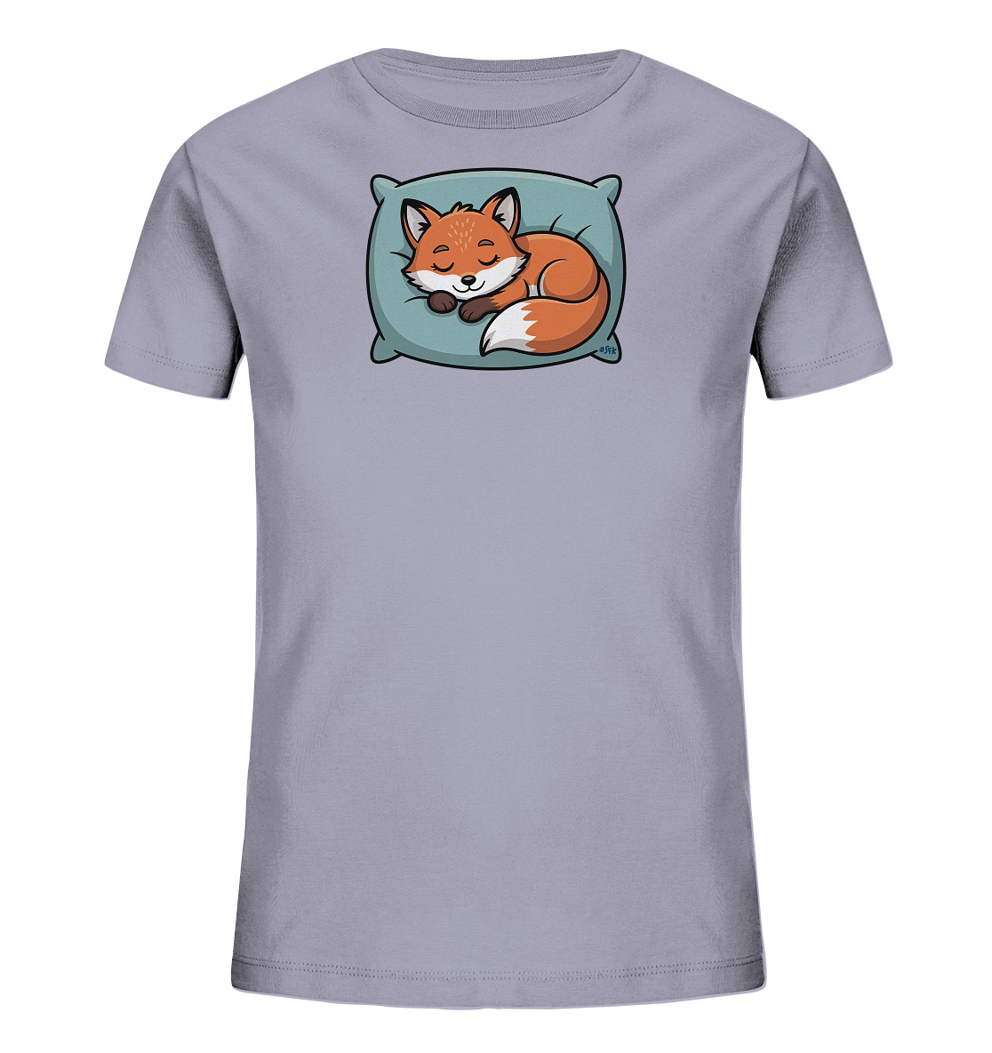 Onlineshop Shirts fuer Kinder - Das Bild zeigt ein hellgraues Kinder-T-Shirt mit einem niedlichen Motiv eines schlafenden Fuchses auf der Vorderseite. Der Fuchs liegt friedlich eingerollt auf einem aquablauen Kissen. Sein Fell ist orange mit weissen Akzenten, waehrend die Augen sanft geschlossen sind. Das gesamte Design vermittelt einen ruhigen und gemuetlichen Eindruck.