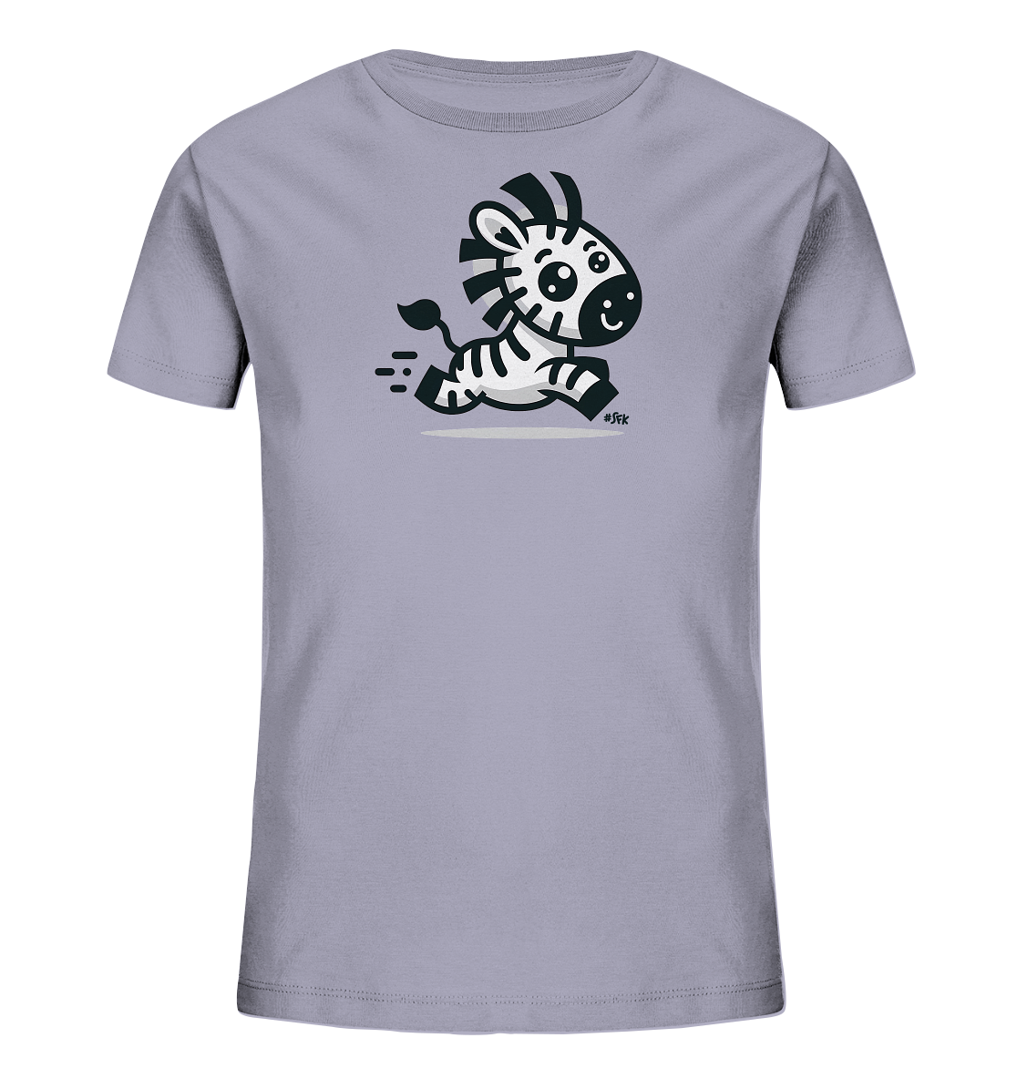 Onlineshop Shirts fuer Kinder - Das Bild zeigt ein hellgraues T-Shirt fuer Kinder. Auf der Vorderseite ist ein niedliches, cartoonhaftes Zebra abgebildet, das rennt. Das Zebra hat ein froehliches Gesicht und ist in Schwarz-Weiss-Streifen gestaltet, mit kleinen Linien, die Bewegung andeuten. Das Design wirkt verspielt und dynamisch.
