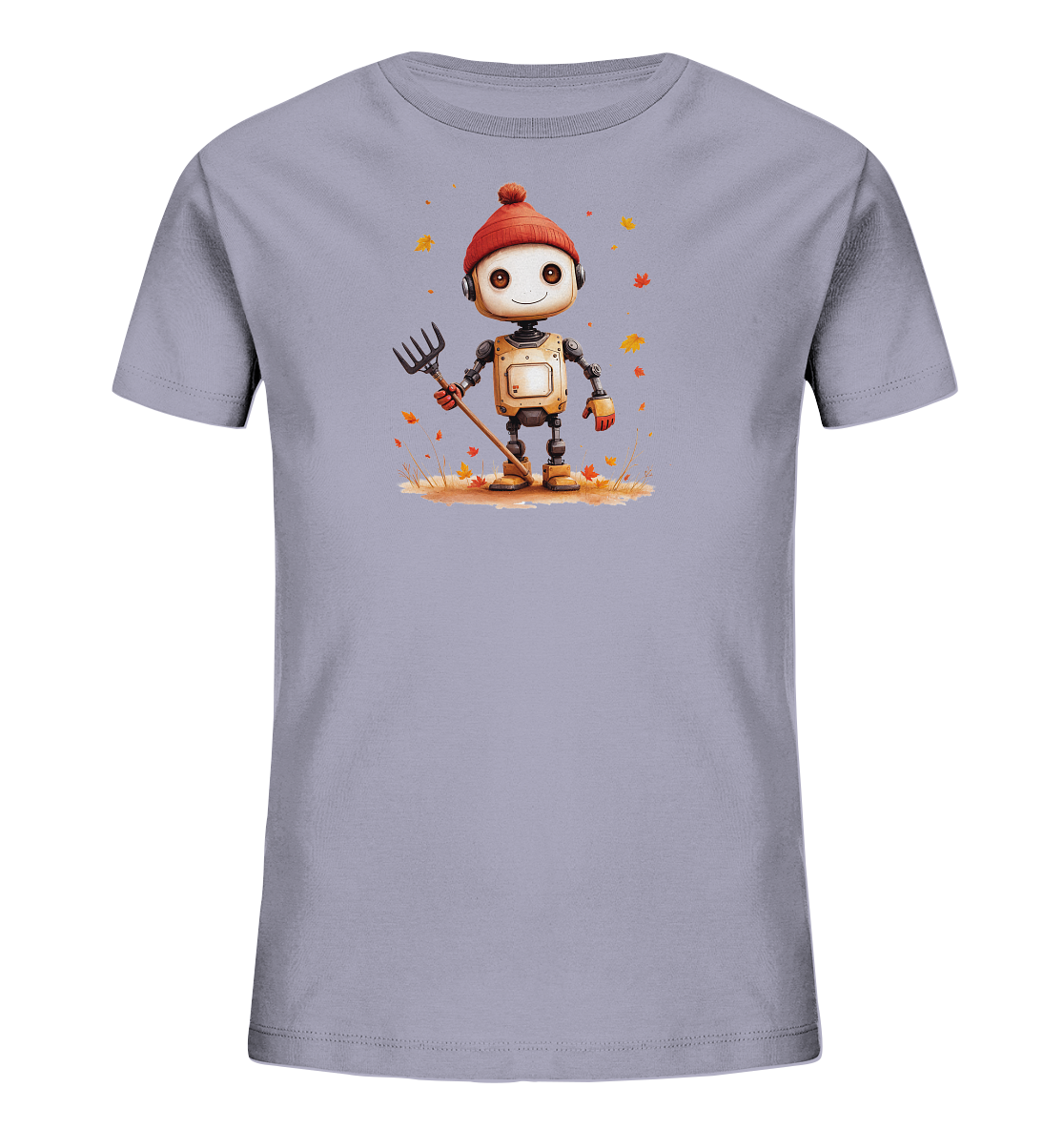 Onlineshop Shirts für Kinder - Das Bild zeigt die Vorderseite eines hellvioletten T-Shirts. Auf der Vorderseite ist ein niedlicher, cartoonartiger Roboter abgebildet, der eine rote Strickmütze trägt und einen Rechen in seiner rechten Hand hält. Der Roboter steht auf einem Untergrund, der mit braunen und orangefarbenen Herbstblättern übersät ist, wobei weitere Blätter um ihn herum flattern. Das Design hat einen warmen, herbstlichen Charakter und der Roboter hat ein freundliches Lächeln.