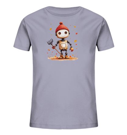 Onlineshop Shirts für Kinder - Das Bild zeigt die Vorderseite eines hellvioletten T-Shirts. Auf der Vorderseite ist ein niedlicher, cartoonartiger Roboter abgebildet, der eine rote Strickmütze trägt und einen Rechen in seiner rechten Hand hält. Der Roboter steht auf einem Untergrund, der mit braunen und orangefarbenen Herbstblättern übersät ist, wobei weitere Blätter um ihn herum flattern. Das Design hat einen warmen, herbstlichen Charakter und der Roboter hat ein freundliches Lächeln.