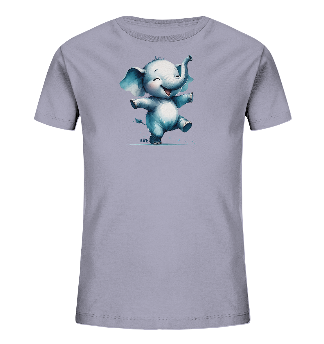 Onlineshop Shirts fuer Kinder - Das Bild zeigt ein Kinder-T-Shirt in einem hellen Lavendelton. Auf der Vorderseite ist eine froehliche, cartoonartige Illustration eines kleinen Elefanten abgebildet. Der Elefant in blauer Farbe tanzt mit ausgestreckten Armen und erhobenem Ruessel, umgeben von kleinen blauen Spritzern. Das Design wirkt verspielt und lebhaft, ideal fuer Kinder.