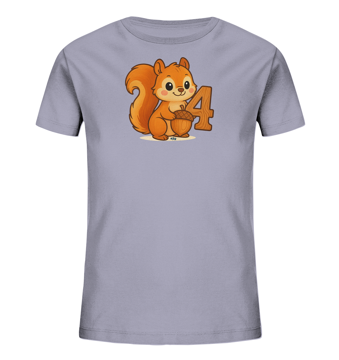 Onlineshop Shirts fuer Kinder - Das Bild zeigt ein hellgraues Kinder-T-Shirt mit einer niedlichen Comic-Illustration auf der Vorderseite. Abgebildet ist ein freundliches Eichhoernchen mit buschigem Schwanz, das eine Eichel haelt. Neben dem Eichhoernchen ist die Zahl '4' in einem passenden Stil platziert. Das Design wirkt verspielt und ist ideal fuer kleine Tierfreunde.