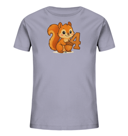 Onlineshop Shirts fuer Kinder - Das Bild zeigt ein hellgraues Kinder-T-Shirt mit einer niedlichen Comic-Illustration auf der Vorderseite. Abgebildet ist ein freundliches Eichhoernchen mit buschigem Schwanz, das eine Eichel haelt. Neben dem Eichhoernchen ist die Zahl '4' in einem passenden Stil platziert. Das Design wirkt verspielt und ist ideal fuer kleine Tierfreunde.