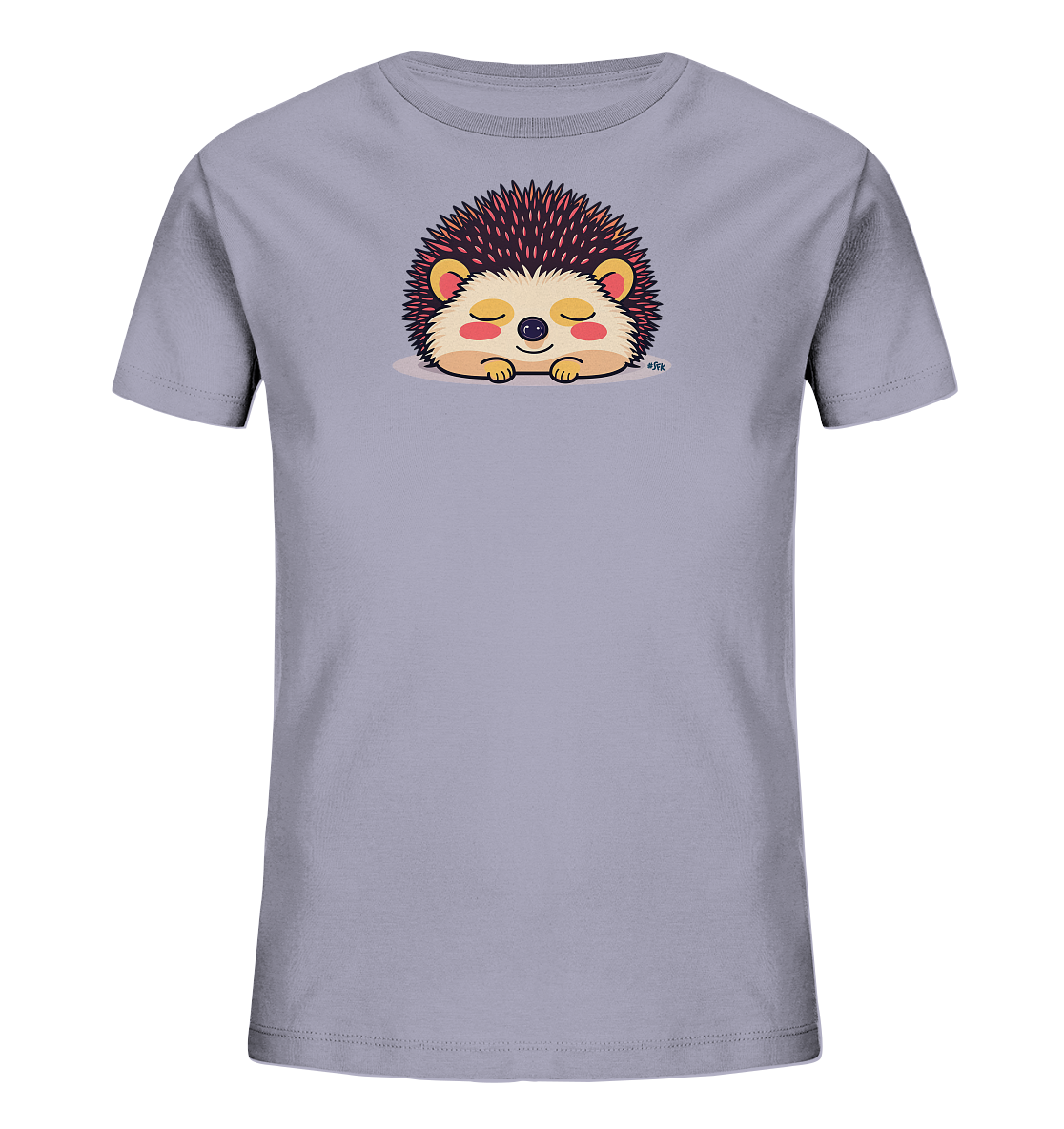 Onlineshop Shirts fuer Kinder - Das Bild zeigt ein hellgraues Kinder-T-Shirt mit einem niedlichen Igel-Motiv auf der Vorderseite. Der Igel ist cartoonhaft dargestellt, mit geschlossenen Augen und einem zufriedenen Ausdruck, als wuerde er schlafen. Seine Stacheln sind dunkelbraun und rot, das Gesicht hellbeige und die Wangen rosa. Das Design verleiht dem Shirt einen ruhigen und freundlichen Charakter.