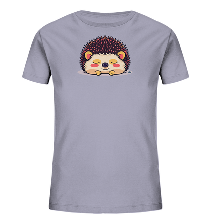 Onlineshop Shirts fuer Kinder - Das Bild zeigt ein hellgraues Kinder-T-Shirt mit einem niedlichen Igel-Motiv auf der Vorderseite. Der Igel ist cartoonhaft dargestellt, mit geschlossenen Augen und einem zufriedenen Ausdruck, als wuerde er schlafen. Seine Stacheln sind dunkelbraun und rot, das Gesicht hellbeige und die Wangen rosa. Das Design verleiht dem Shirt einen ruhigen und freundlichen Charakter.