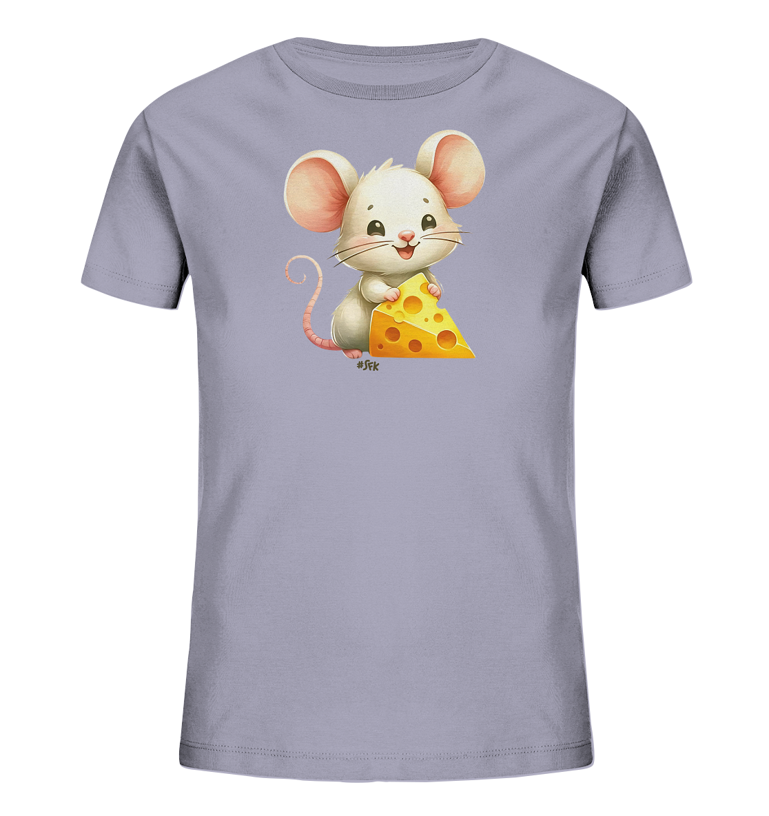 Onlineshop Shirts fuer Kinder - Dieses T-Shirt in hellem Grau zeigt eine suesse, cartoonhafte weisse Maus. Die Maus haelt ein grosses Stueck gelben Kaese mit Loechern in ihren Pfoten. Ihre grossen, runden Ohren und das freundliche Laecheln verleihen ihr einen charmanten Ausdruck. Das Motiv ist detailreich gestaltet und hat einen verspielten Look, der gut zu Kinderkleidung passt.