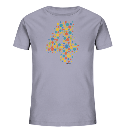 Onlineshop Shirts fuer Kinder - Das Bild zeigt ein hellgraues Kinder-T-Shirt. Auf der Vorderseite ist die Zahl '4' aus vielen bunten Punkten in verschiedenen Farben und Groessen dargestellt. Das Design enthaelt auch kleine Handabdruecke innerhalb der Zahl. Die bunten Punkte und Handabdruecke verleihen dem Shirt ein froehliches und verspieltes Aussehen.