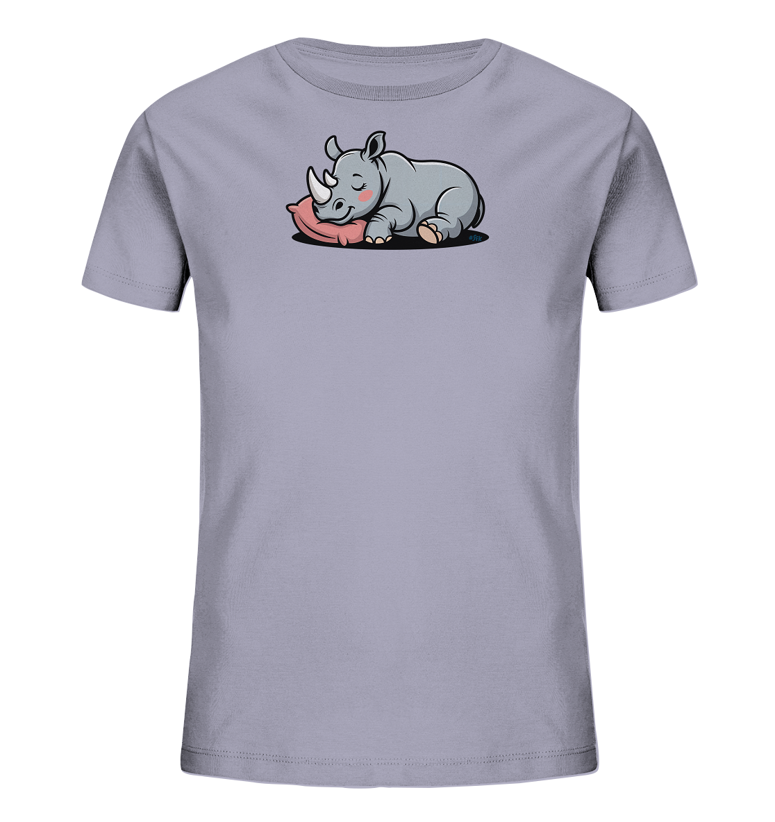 Onlineshop Shirts fuer Kinder - Das Bild zeigt ein hellgraues Kinder-T-Shirt mit einem niedlichen Print. Darauf ist ein cartoonartiges Nashorn abgebildet, das friedlich auf einem rosafarbenen Kissen schlaeft. Das Nashorn hat geschlossene Augen und geroetete Wangen, was einen ruhigen und verspielten Ausdruck vermittelt. Das Design ist zentral auf der Brust des Shirts platziert.