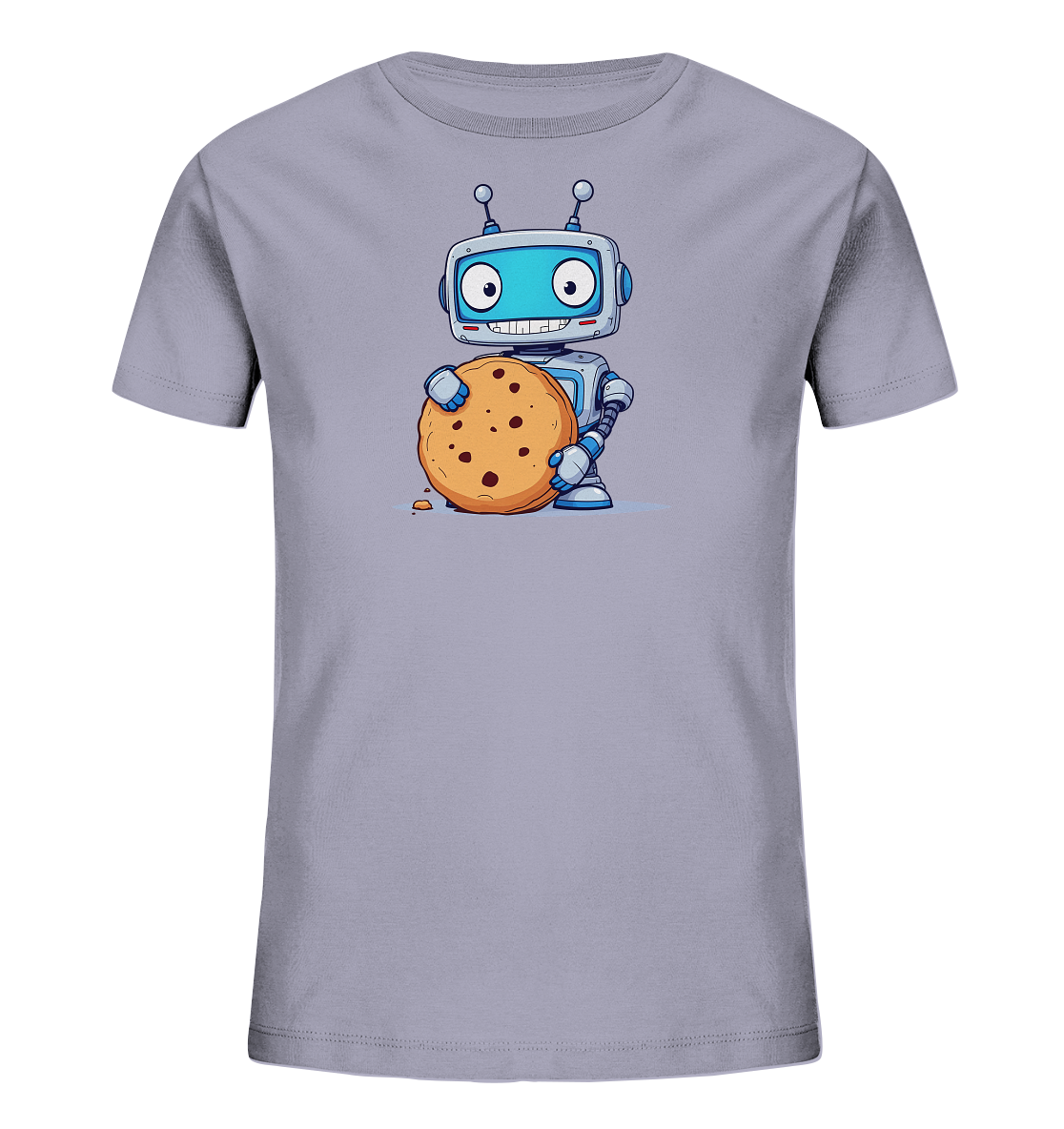 Onlineshop Shirts für Kinder - Das Bild zeigt die Vorderseite eines hellgrauen T-Shirts für Kinder. Auf der Brust ist eine Illustration eines niedlichen, cartoonhaften Roboters abgebildet. Der Roboter hat einen quadratischen blauen Kopf mit großen Augen, Antennen und ein breites, lächelndes Maul. Er hält einen großen Schokoladenkeks in seinen metallenen Händen, und es sind kleine Keksbrösel daneben zu sehen, was dem Motiv eine spielerische Note verleiht.