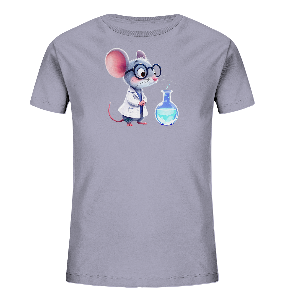 Onlineshop Shirts fuer Kinder - Das Bild zeigt ein hellgraues Kinder-T-Shirt mit einem wissenschaftlichen Motiv. Darauf ist eine niedliche Maus in einem weissen Laborkittel und mit runden Brillen abgebildet. Die Maus betrachtet aufmerksam einen blauen Erlenmeyerkolben, in dem eine sprudelnde Fluessigkeit ist. Das Design verleiht dem Shirt einen verspielten und lehrreichen Charakter.