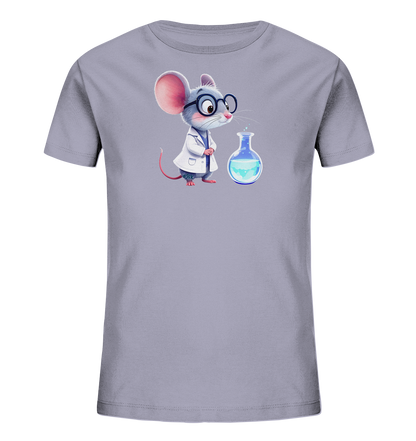 Onlineshop Shirts fuer Kinder - Das Bild zeigt ein hellgraues Kinder-T-Shirt mit einem wissenschaftlichen Motiv. Darauf ist eine niedliche Maus in einem weissen Laborkittel und mit runden Brillen abgebildet. Die Maus betrachtet aufmerksam einen blauen Erlenmeyerkolben, in dem eine sprudelnde Fluessigkeit ist. Das Design verleiht dem Shirt einen verspielten und lehrreichen Charakter.