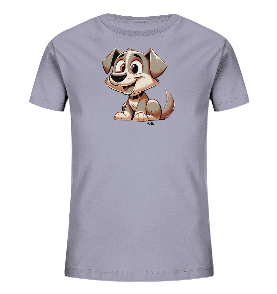 Onlineshop Shirts fuer Kinder - Dieses Bild praesentiert ein Kinder-T-Shirt in hellem Lila. Die Vorderseite ziert eine lustige Cartoon-Illustration eines Hundes. Der Hund sitzt da und laechelt freundlich, mit grossen Augen und Ohren. Das farbenfrohe Motiv ist froehlich und kindgerecht gestaltet.