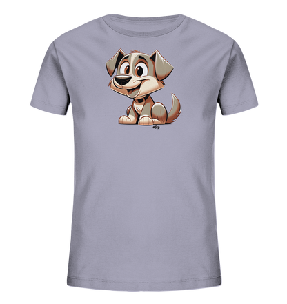 Onlineshop Shirts fuer Kinder - Dieses Bild praesentiert ein Kinder-T-Shirt in hellem Lila. Die Vorderseite ziert eine lustige Cartoon-Illustration eines Hundes. Der Hund sitzt da und laechelt freundlich, mit grossen Augen und Ohren. Das farbenfrohe Motiv ist froehlich und kindgerecht gestaltet.