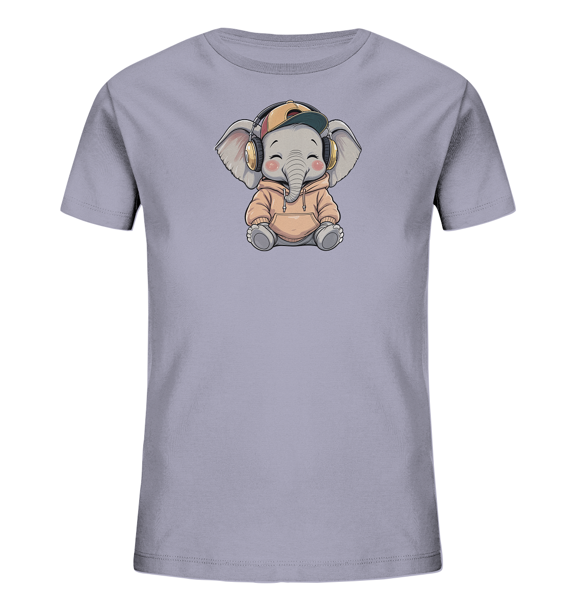 Onlineshop Shirts fuer Kinder - Das Bild zeigt ein hellgraues Kinder-T-Shirt mit einem niedlichen Cartoon-Elefantenmotiv auf der Vorderseite. Der Elefant sitzt und traegt einen pfirsichfarbenen Hoodie, gelbe Kopfhoerer und eine Baseballkappe. Er hat ein freundliches Gesicht mit geschlossenen Augen, was ihm einen gluecklichen Ausdruck verleiht. Das Design ist verspielt und ansprechend fuer Kinder.