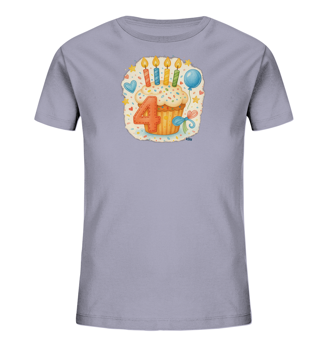 Onlineshop Shirts fuer Kinder - Das helllilafarbene Kinder-T-Shirt praesentiert eine detaillierte Illustration eines Cupcakes. Darauf befinden sich Zuckerguss, bunte Streusel und vier brennende Kerzen. Neben dem Cupcake ist die orangefarbene Zahl '4' gross abgebildet, umgeben von Sternen, einem Herz und einem Ballon. Das Motiv vermittelt eine festliche Geburtstagsstimmung.
