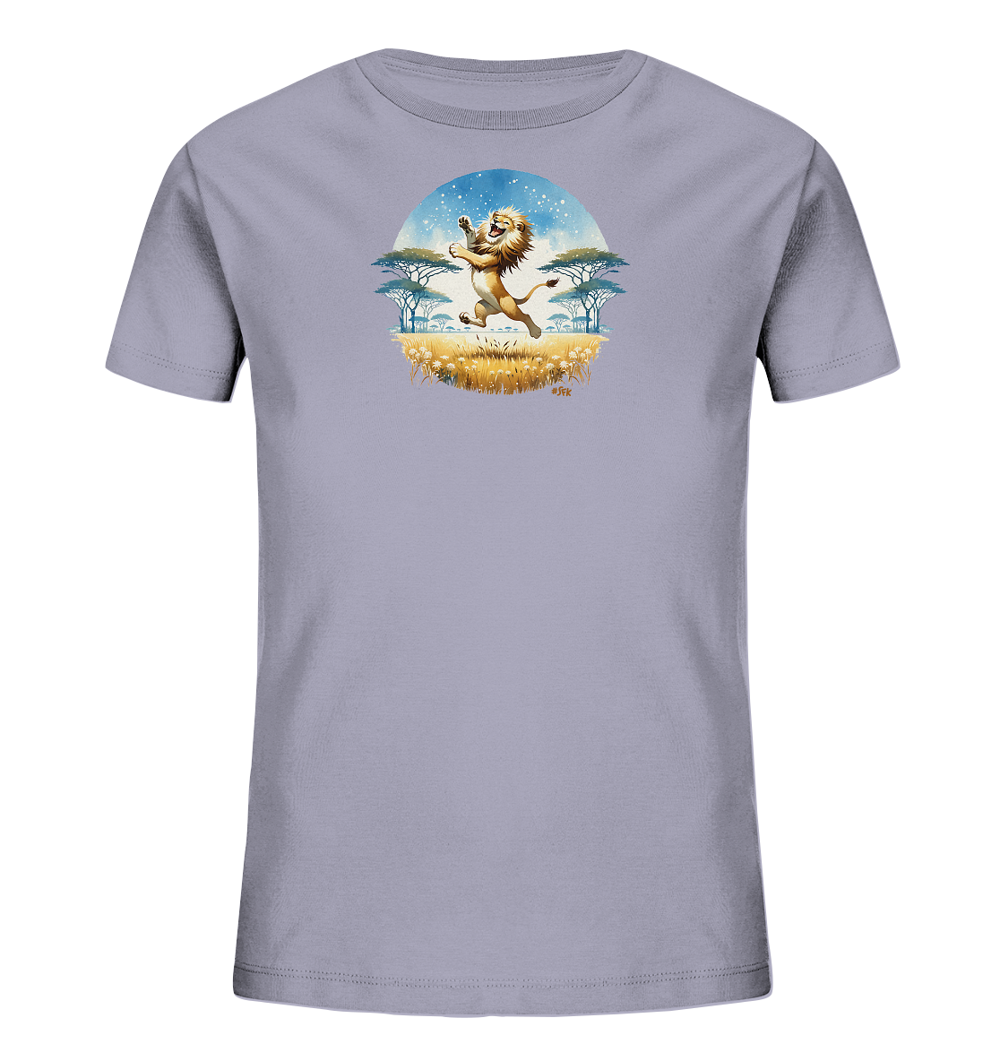 Onlineshop Shirts fuer Kinder - Das Bild zeigt ein hellgraues T-Shirt mit einem farbenfrohen Motiv eines springenden Loewen in der Savanne. Der froehliche Loewe wird von Baeumen, Gras und einem sternenklaren Himmel umrahmt. Die Szene ist in einem kreisfoermigen Design auf der Vorderseite des Shirts platziert. Dieses Design verleiht dem Shirt einen wilden und gleichzeitig niedlichen Charakter.