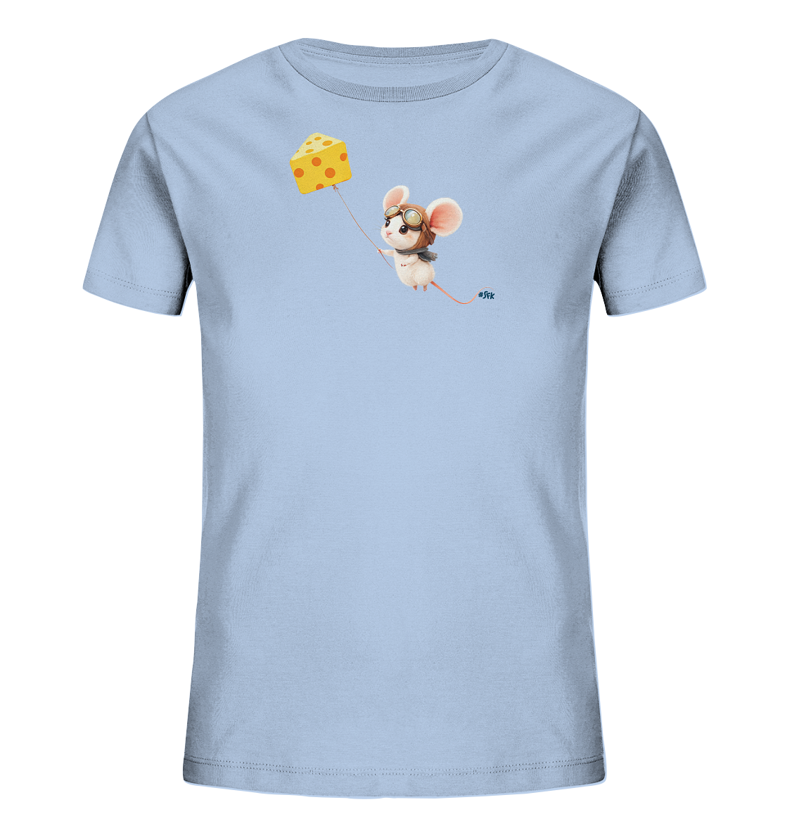 Onlineshop Shirts fuer Kinder - Das hellblaue Kinder-T-Shirt zeigt eine entzueckende, fliegende Maus. Die Maus traegt eine Pilotenmuetze und eine Fliegerbrille und haelt an einem Faden ein grosses Stueck Kaese, das wie ein Ballon aufsteigt. Dieses fantasievolle und verspielte Design verleiht dem Shirt einen froehlichen Charakter.
