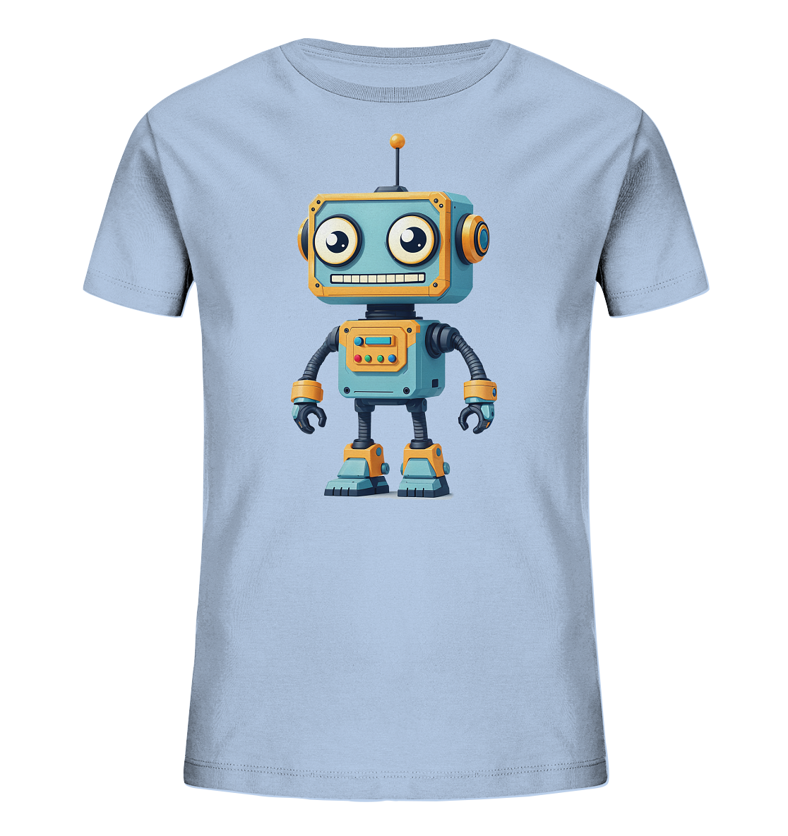 Onlineshop Shirts für Kinder - Das Bild zeigt ein hellblaues T-Shirt für Kinder, präsentiert auf einem schwarzen Hintergrund. Auf der Vorderseite des Shirts ist eine detailreiche Illustration eines freundlichen Roboters zu sehen. Der Roboter ist hauptsächlich blau und orange gestaltet, besitzt große Augen, ein breites Lächeln und eine kleine Antenne auf dem Kopf. Das bunte und verspielte Cartoon-Design verleiht dem Shirt einen ansprechenden und fröhlichen Charakter.