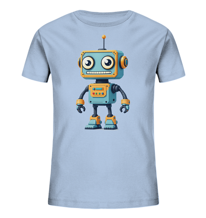Onlineshop Shirts für Kinder - Das Bild zeigt ein hellblaues T-Shirt für Kinder, präsentiert auf einem schwarzen Hintergrund. Auf der Vorderseite des Shirts ist eine detailreiche Illustration eines freundlichen Roboters zu sehen. Der Roboter ist hauptsächlich blau und orange gestaltet, besitzt große Augen, ein breites Lächeln und eine kleine Antenne auf dem Kopf. Das bunte und verspielte Cartoon-Design verleiht dem Shirt einen ansprechenden und fröhlichen Charakter.