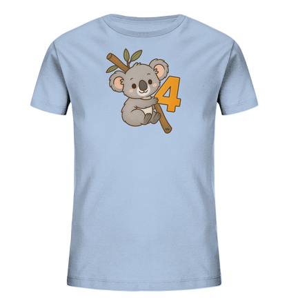 Onlineshop Shirts fuer Kinder - Das Bild zeigt ein hellblaues Kinder-T-Shirt mit einem niedlichen Koala-Motiv auf der Vorderseite. Ein freundlich aussehender Koala umarmt einen Ast mit ein paar Blaettern. Direkt daneben ist die Zahl 4 in einem orangen Farbton abgebildet. Das Gesamtbild ist ansprechend und ideal fuer kleine Koala-Fans.