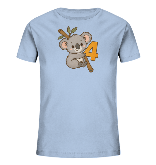 Onlineshop Shirts fuer Kinder - Das Bild zeigt ein hellblaues Kinder-T-Shirt mit einem niedlichen Koala-Motiv auf der Vorderseite. Ein freundlich aussehender Koala umarmt einen Ast mit ein paar Blaettern. Direkt daneben ist die Zahl 4 in einem orangen Farbton abgebildet. Das Gesamtbild ist ansprechend und ideal fuer kleine Koala-Fans.