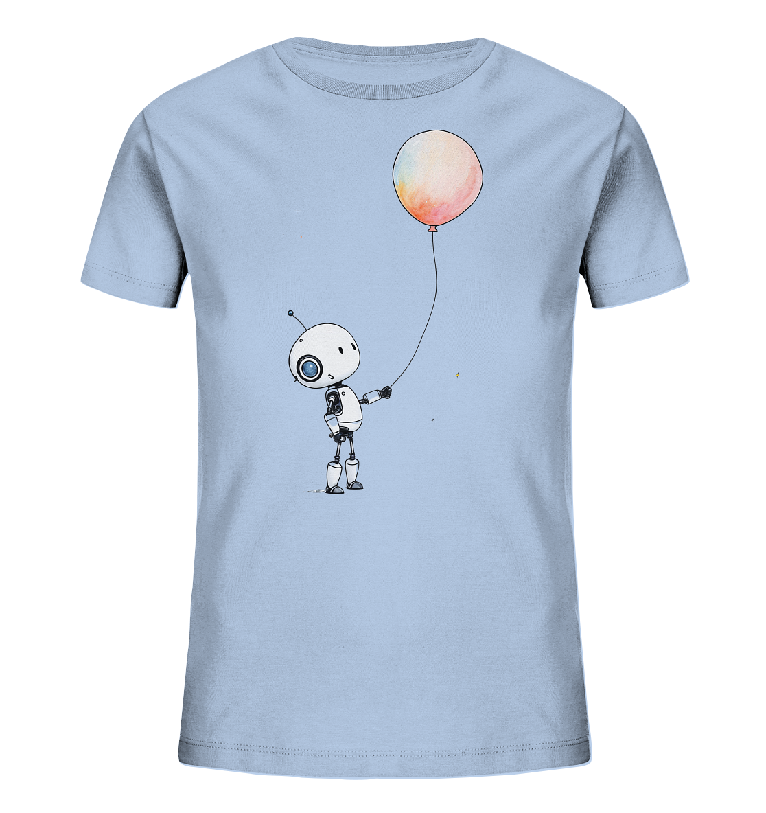 Onlineshop Shirts für Kinder - Das Bild zeigt ein hellblaues Kinder-T-Shirt auf schwarzem Hintergrund. Im Zentrum der Vorderseite befindet sich eine niedliche Illustration eines kleinen, weißen Roboters mit einem großen blauen Auge und einer Antenne. Der Roboter hält an einer Schnur einen großen, runden Ballon, der in sanften Farbtönen von Orange, Pink und Gelb gestaltet ist. Das Design wirkt verspielt und minimalistisch und ist für Kinder sehr ansprechend.