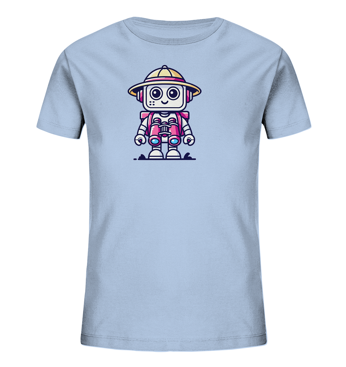 Onlineshop Shirts für Kinder - Das Bild zeigt ein hellblaues Kinder-T-Shirt mit einer detaillierten und freundlichen Roboter-Illustration auf der Vorderseite. Der Roboter trägt einen gelben Hut mit rotem Band und eine pinkfarbene Weste oder Rucksack. Er hält ein Fernglas und hat ein lächelndes Gesicht mit großen Augen, was ihm einen neugierigen Ausdruck verleiht. Die Illustration ist in einem klaren, cartoonartigen Stil gehalten, der auf dem hellen Stoff gut zur Geltung kommt.