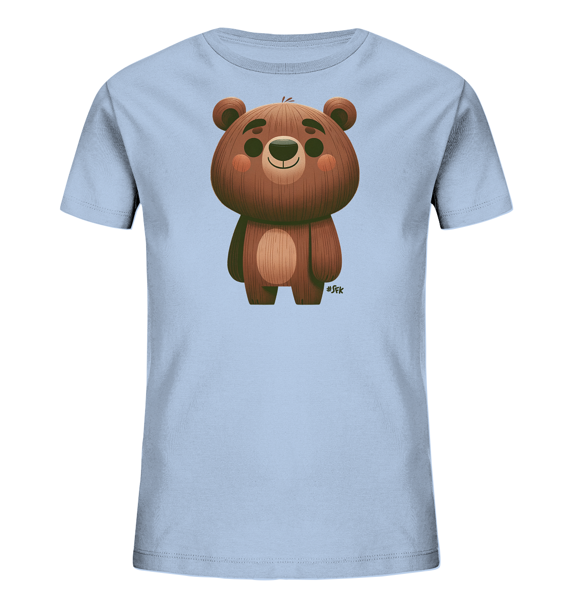 Onlineshop Shirts fuer Kinder - Das Bild zeigt ein hellblaues Kinder-T-Shirt mit einem grossen, freundlichen Baerenmotiv auf der Vorderseite. Der Baer ist in Brauntoenen gehalten, hat grosse Augen, rosige Wangen und ein Laecheln. Die Darstellung ist im Cartoon-Stil mit einer angedeuteten Felltextur durch vertikale Linien. Dies verleiht dem Shirt einen niedlichen und verspielten Charakter.