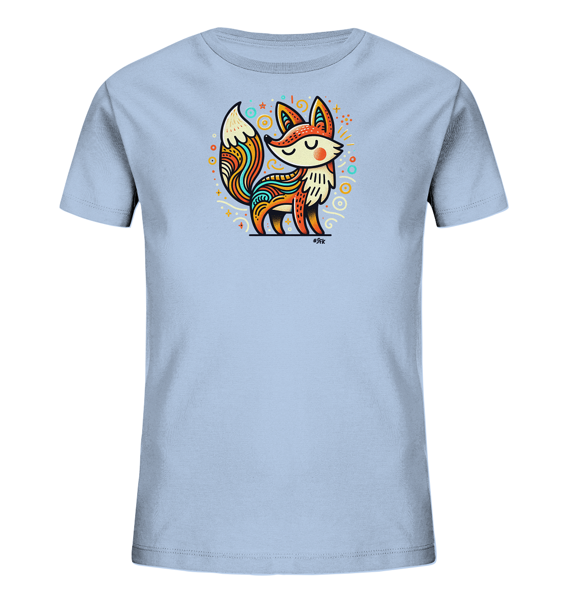 Onlineshop Shirts fuer Kinder - Das Bild zeigt ein hellblaues Kinder-T-Shirt mit einer stilisierten Illustration eines Fuchses. Der Fuchs ist farbenfroh gemustert und von dekorativen Kreisen, Sternen und Linien umgeben. Er steht aufrecht mit geschlossenen Augen und hat einen buschigen Schwanz mit bunten Wellen. Das Design wirkt verspielt und froehlich.