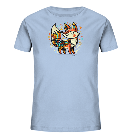 Onlineshop Shirts fuer Kinder - Das Bild zeigt ein hellblaues Kinder-T-Shirt mit einer stilisierten Illustration eines Fuchses. Der Fuchs ist farbenfroh gemustert und von dekorativen Kreisen, Sternen und Linien umgeben. Er steht aufrecht mit geschlossenen Augen und hat einen buschigen Schwanz mit bunten Wellen. Das Design wirkt verspielt und froehlich.