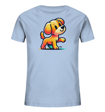 Kinder T-Shirt mit hellbraunem Cartoon-Hund, Lächeln und erhobener Pfote