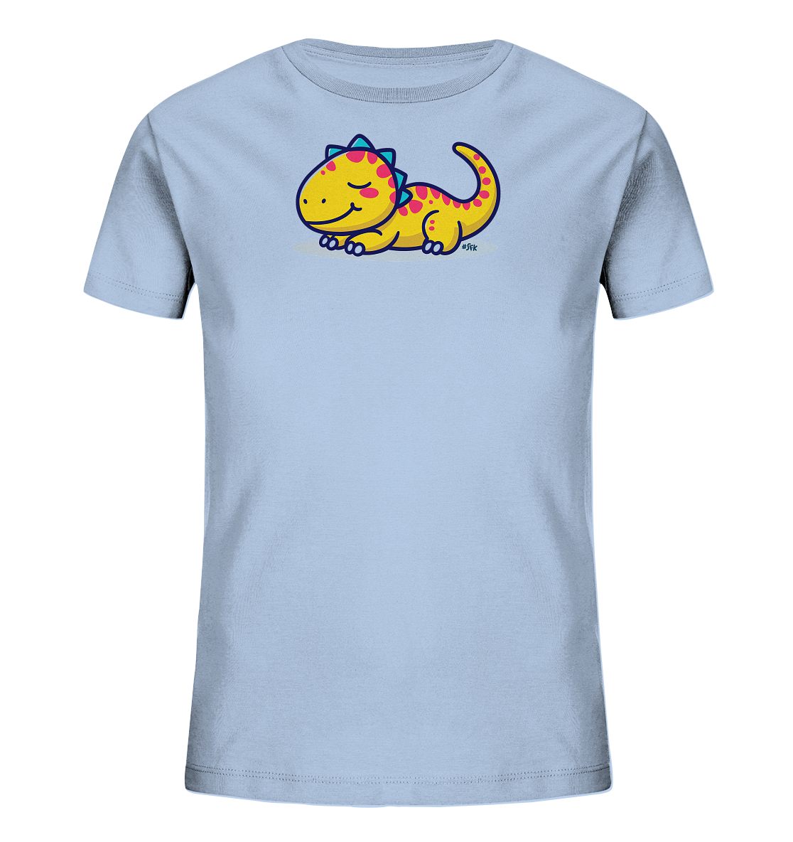 Onlineshop Shirts fuer Kinder - Das Bild zeigt ein hellblaues T-Shirt fuer Kinder. Auf der Vorderseite ist eine niedliche, gelbe Comic-Dinosaurierfigur abgebildet, die sich entspannt hinlegt. Der Dinosaurier hat rosa Tupfen, blaue Zacken auf dem Ruecken und ein sanftes Laecheln. Dieses Motiv verleiht dem Shirt einen verspielten und beruhigenden Charakter.
