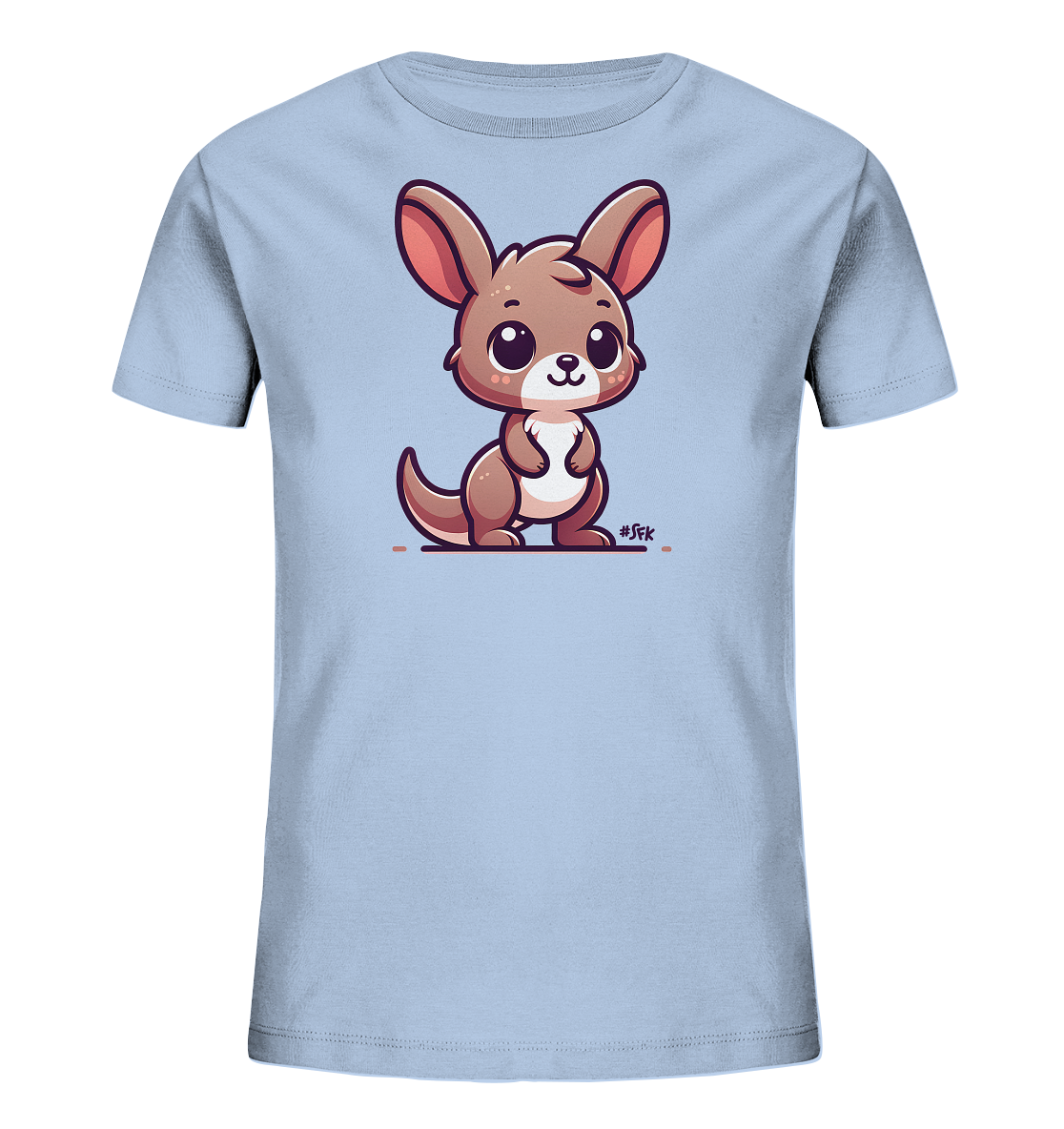 Onlineshop Shirts fuer Kinder - Das Bild zeigt ein hellblaues Kinder-T-Shirt mit einer niedlichen Comic-Illustration eines Kaengurus auf der Vorderseite. Das Kaenguru hat grosse, ausdrucksstarke Augen und Ohren und sitzt aufrecht da. Die Grafik ist in warmen Brauntoenen gehalten und wirkt sehr freundlich und ansprechend. Es ist ein einfaches, aber charmantes Design fuer Kinderkleidung.