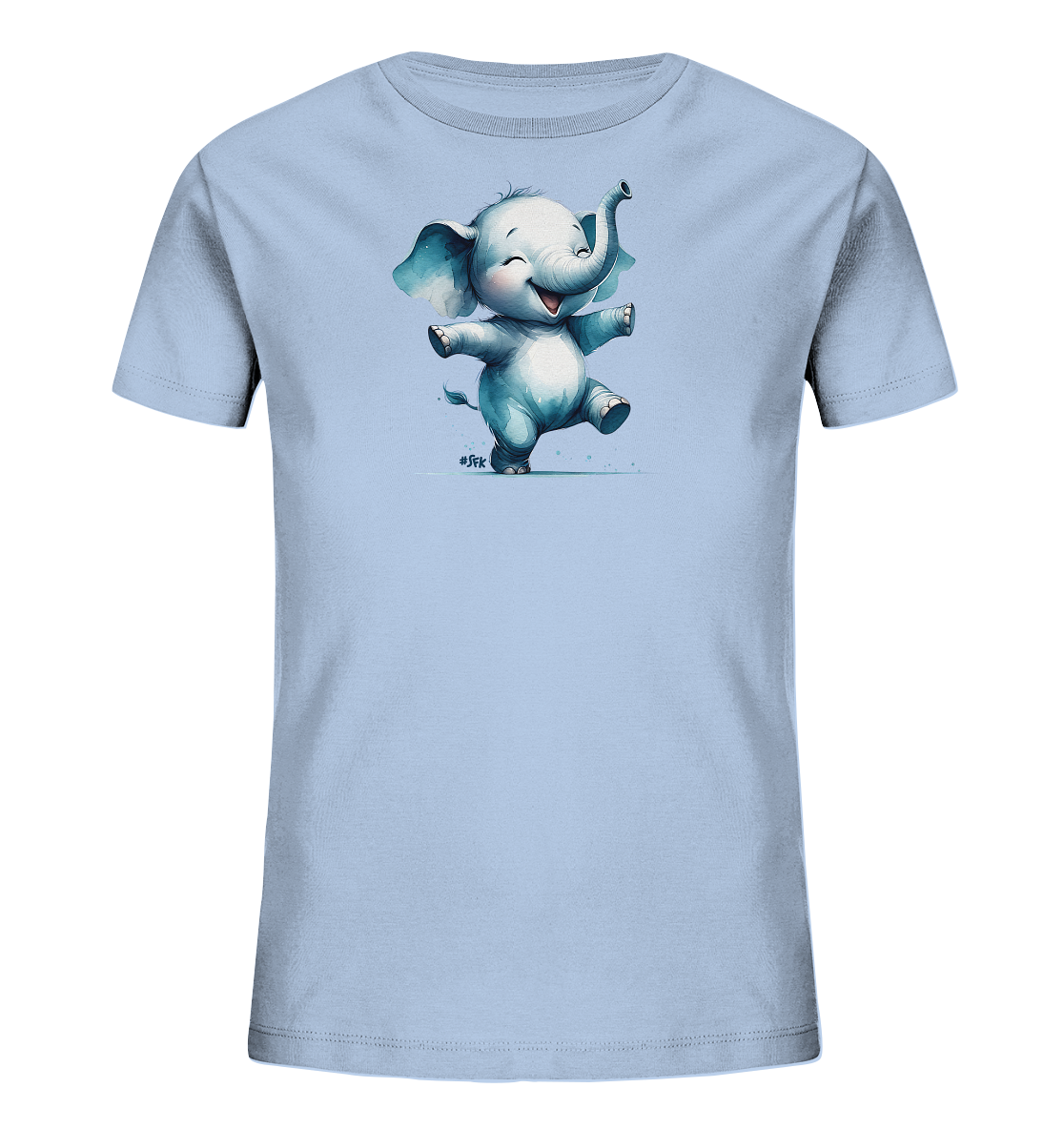 Onlineshop Shirts fuer Kinder - Das Bild zeigt ein hellblaues T-Shirt mit einem lustigen Motiv. Auf der Vorderseite ist ein kleiner, gluecklicher Cartoon-Elefant abgebildet. Der Elefant tanzt oder springt froehlich, mit ausgestreckten Armen und erhobenem Ruessel. Das verspielte Design ist ideal fuer Kinder.