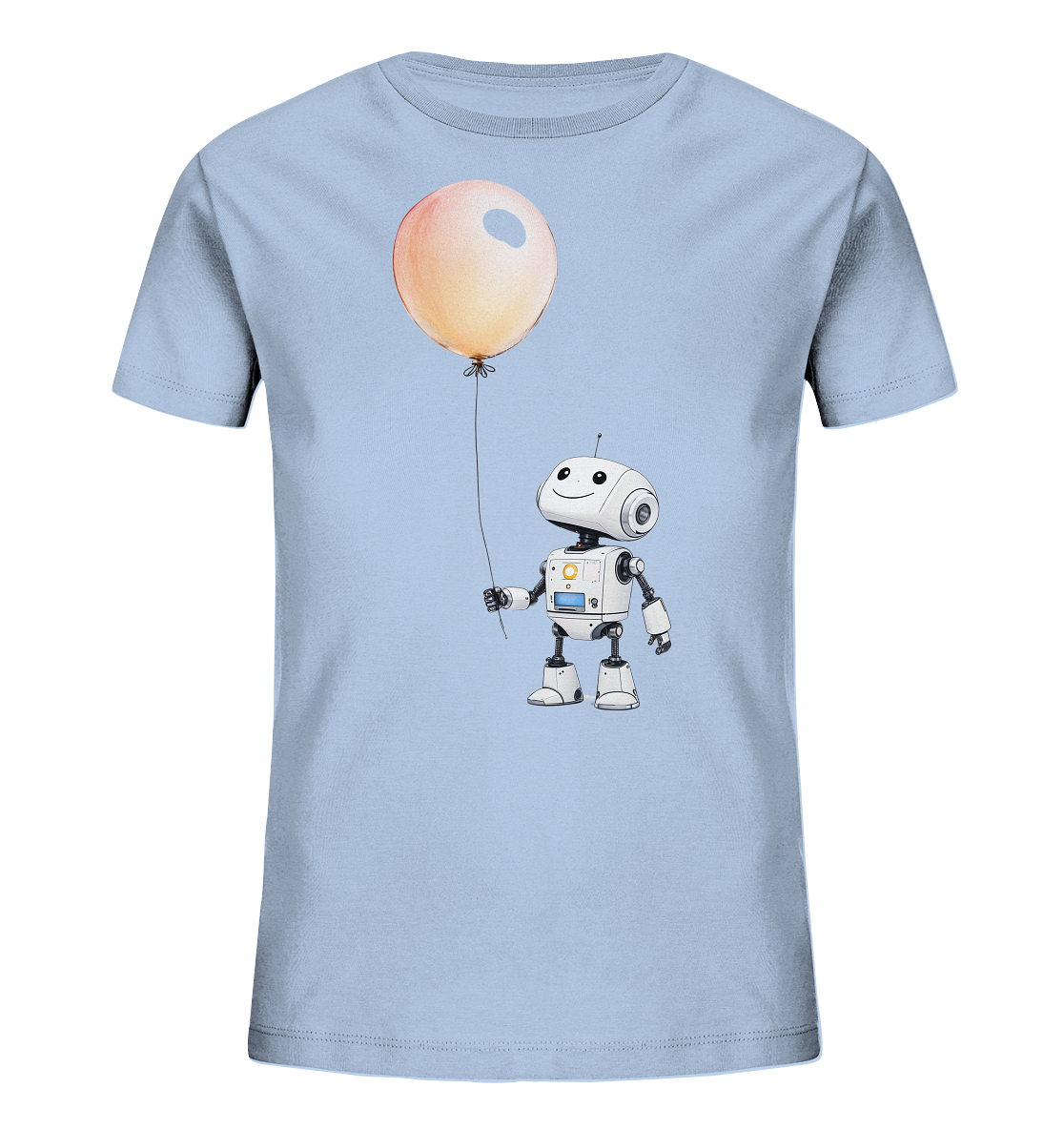 Onlineshop Shirts für Kinder - Das Bild zeigt ein hellblaues Kinder-T-Shirt mit einem niedlichen Motiv auf der Vorderseite. Die Illustration zeigt einen kleinen, weißen Roboter mit einem freundlichen Gesicht, der einen großen, pfirsichfarbenen Ballon an einer Schnur hält. Das Design ist einfach gehalten und wirkt kindgerecht und fröhlich. Es ist eine saubere Darstellung der Grafik auf dem Stoff des Shirts.