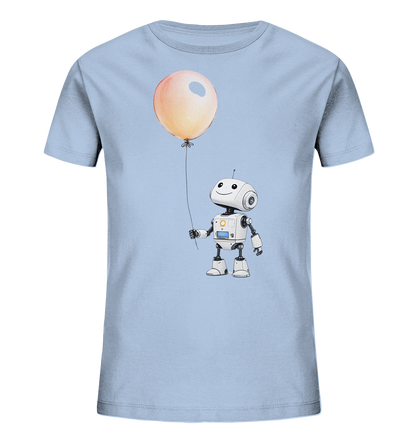 Onlineshop Shirts für Kinder - Das Bild zeigt ein hellblaues Kinder-T-Shirt mit einem niedlichen Motiv auf der Vorderseite. Die Illustration zeigt einen kleinen, weißen Roboter mit einem freundlichen Gesicht, der einen großen, pfirsichfarbenen Ballon an einer Schnur hält. Das Design ist einfach gehalten und wirkt kindgerecht und fröhlich. Es ist eine saubere Darstellung der Grafik auf dem Stoff des Shirts.
