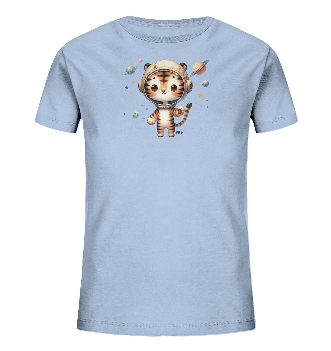 Onlineshop Shirts fuer Kinder - Das Bild zeigt ein hellblaues Kinder-T-Shirt mit einem Weltraum-Motiv. Darauf ist ein niedlicher Tiger zu sehen, der einen Astronautenhelm traegt. Um ihn herum schweben farbige Planeten und Sterne. Das Design hat einen verspielten und fantasievollen Charakter, der die Neugier auf das Universum weckt.