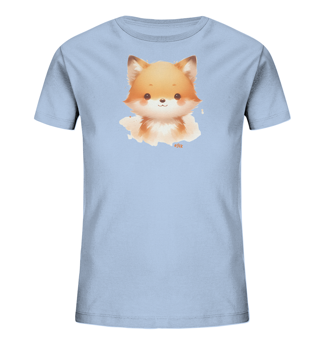 Onlineshop Shirts fuer Kinder - Das Bild zeigt ein hellblaues Kinder-T-Shirt mit einem niedlichen Aufdruck eines Fuchskopfes auf der Vorderseite. Der Fuchs ist in warmen Orangetoenen gehalten und hat ein freundliches, laechelndes Gesicht mit runden Wangen. Das Motiv ist auf einem weichen, wolkenartigen Untergrund platziert. Dieses verspielte Design ist ansprechend fuer Kinder.