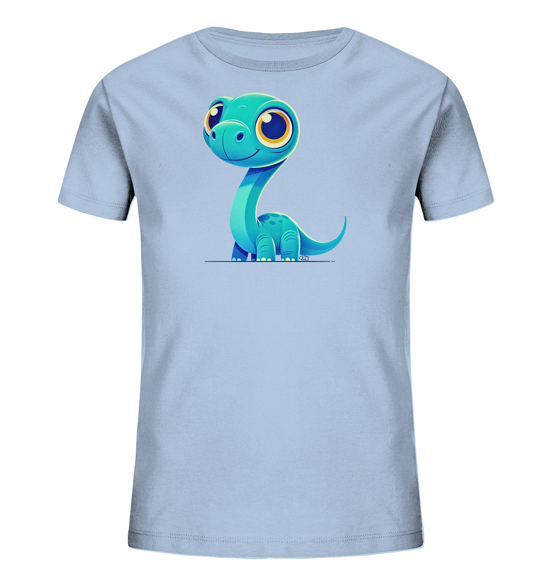 Onlineshop Shirts für Kinder - Das Bild zeigt ein hellblaues Kinder-T-Shirt auf einem schwarzen Hintergrund. Im Zentrum des Shirts ist eine niedliche, cartoonartige Illustration eines blauen Dinosauriers mit einem langen Hals und großen, gelben Augen zu sehen. Der Dinosaurier sitzt aufrecht auf einer dünnen blauen Linie und hat ein freundliches Lächeln im Gesicht. Das Design wirkt verspielt und ansprechend für Kinder, die Dinosaurier mögen.