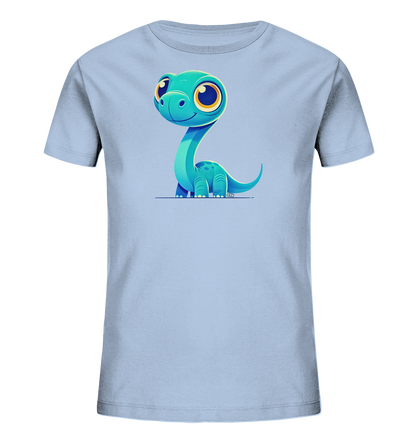 Onlineshop Shirts für Kinder - Das Bild zeigt ein hellblaues Kinder-T-Shirt auf einem schwarzen Hintergrund. Im Zentrum des Shirts ist eine niedliche, cartoonartige Illustration eines blauen Dinosauriers mit einem langen Hals und großen, gelben Augen zu sehen. Der Dinosaurier sitzt aufrecht auf einer dünnen blauen Linie und hat ein freundliches Lächeln im Gesicht. Das Design wirkt verspielt und ansprechend für Kinder, die Dinosaurier mögen.