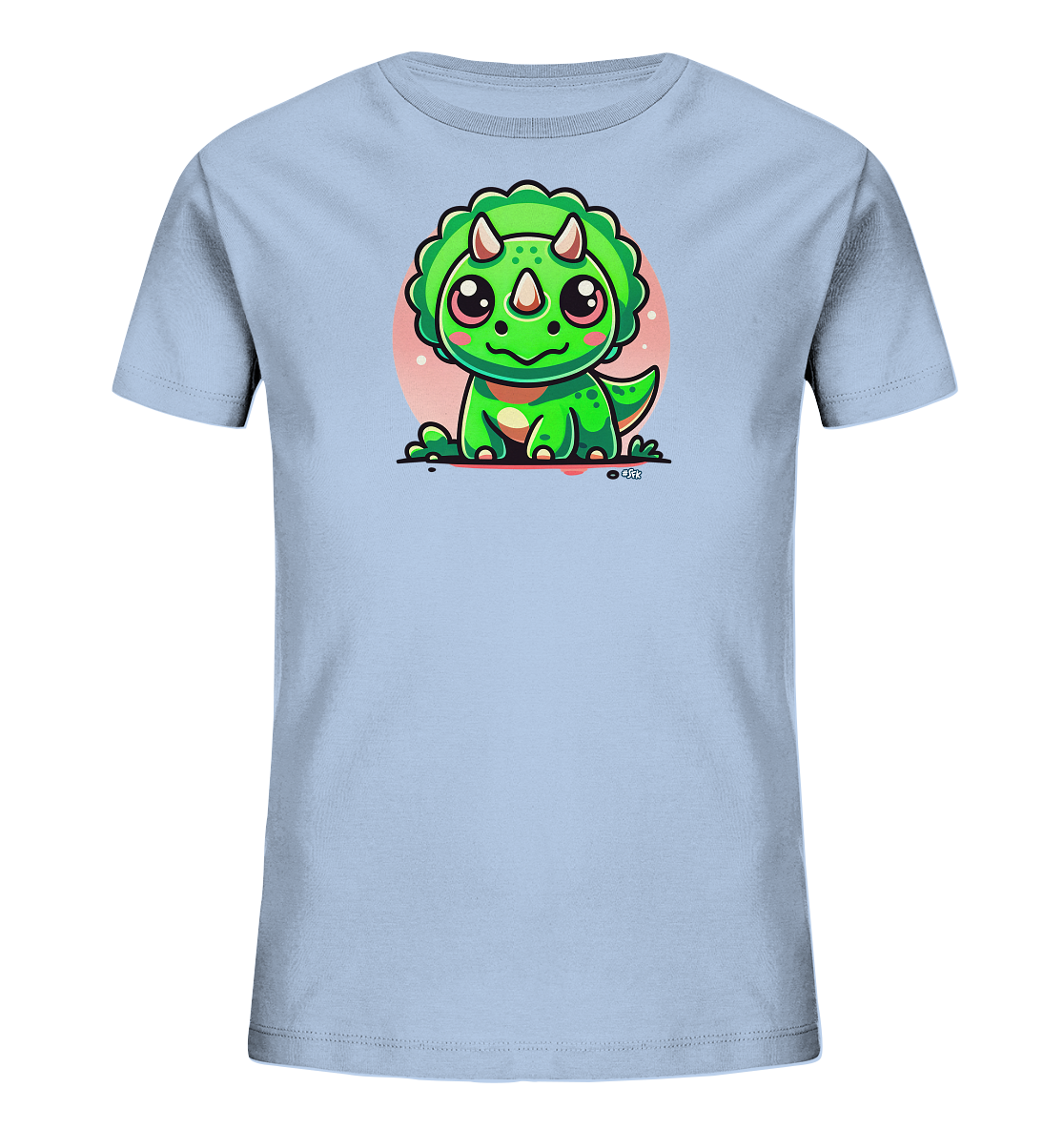 Onlineshop Shirts fuer Kinder - Das Bild zeigt ein hellblaues Kinder-T-Shirt mit einem niedlichen Aufdruck. Zu sehen ist ein cartoonhafter, gruener Dinosaurier mit grossen Augen und rosafarbenen Wangen. Der kleine Dinosaurier sitzt aufrecht vor einem pastellrosa Kreis. Dieses verspielte Design verleiht dem Shirt einen froehlichen Charakter.