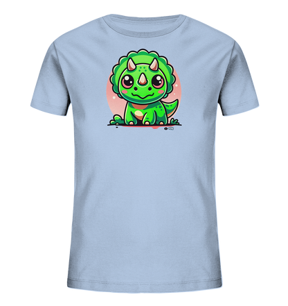 Onlineshop Shirts fuer Kinder - Das Bild zeigt ein hellblaues Kinder-T-Shirt mit einem niedlichen Aufdruck. Zu sehen ist ein cartoonhafter, gruener Dinosaurier mit grossen Augen und rosafarbenen Wangen. Der kleine Dinosaurier sitzt aufrecht vor einem pastellrosa Kreis. Dieses verspielte Design verleiht dem Shirt einen froehlichen Charakter.